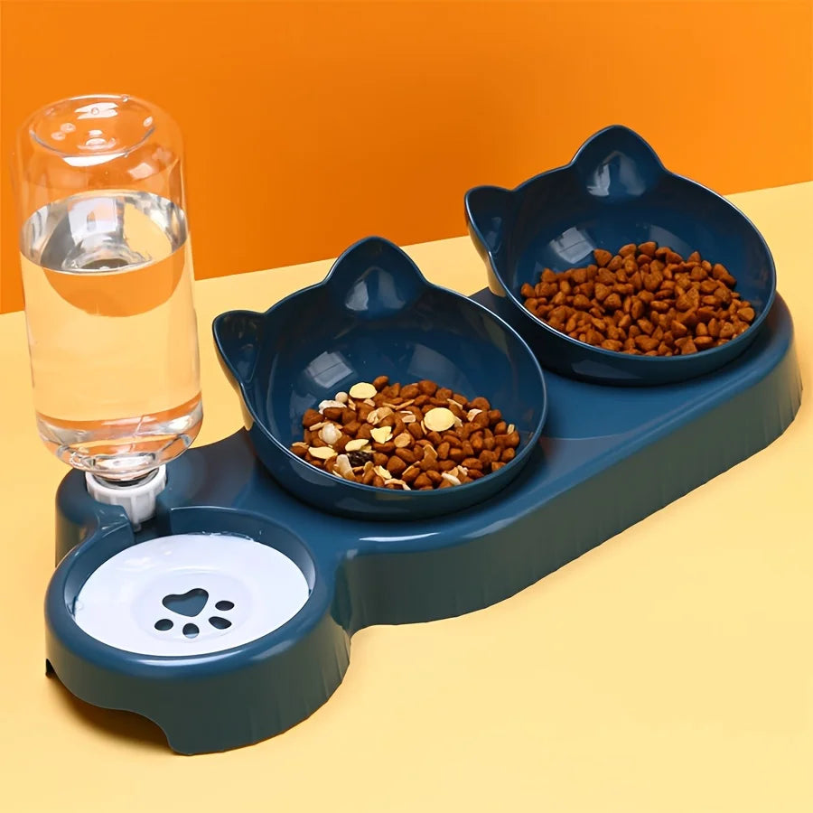 comedero kawaii inclinado 3 en 1 azul marino con comida y agua para gato