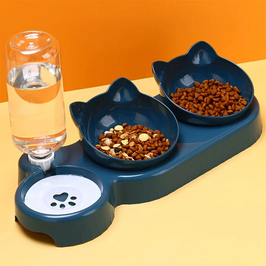 comedero kawaii inclinado 3 en 1 azul marino con comida y agua para gato
