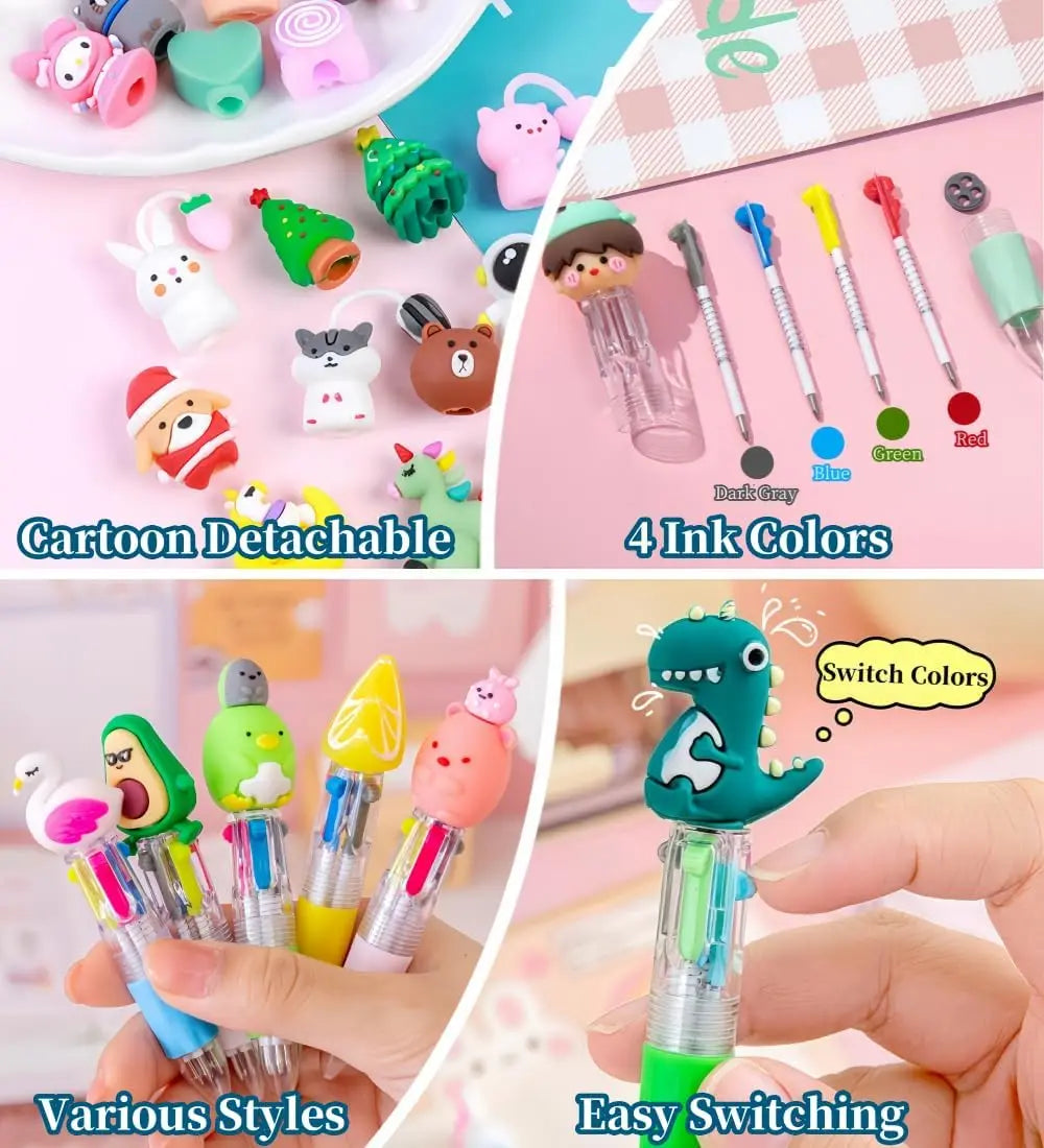 set de 12 mini plumas multicolor 4 en 1 con personajes desmontables y mecanismo de colores