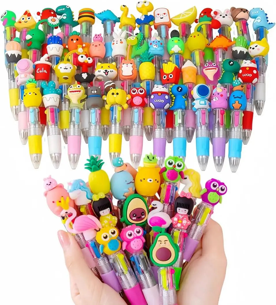 set de 12 mini plumas multicolor 4 en 1 con personajes sobre el lápiz vista general