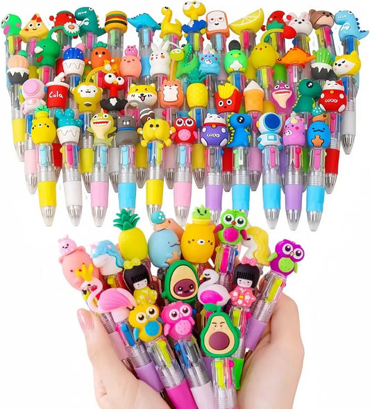 set de 12 mini plumas multicolor 4 en 1 con personajes sobre el lápiz vista general