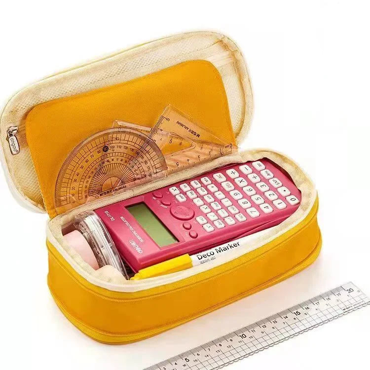 estuche kawaii gran capacidad amarillo, abierto 